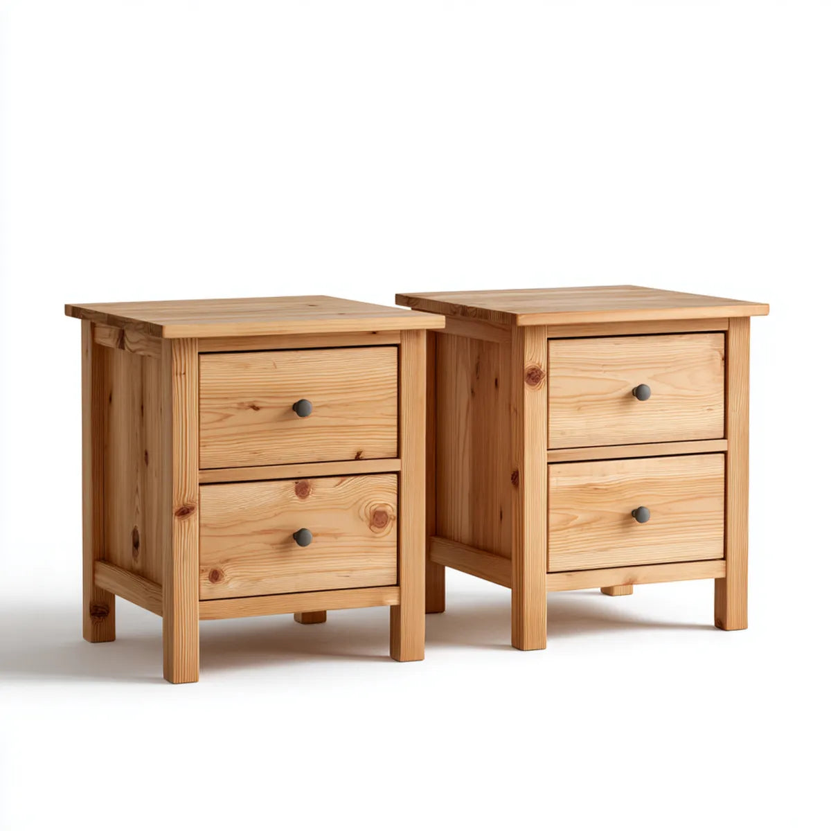 Szafka nocna, Zestaw 2 naturalne sosnowe stoły z litego drewna z 2 szufladami 45 x 35 x 60 cm prostokątne