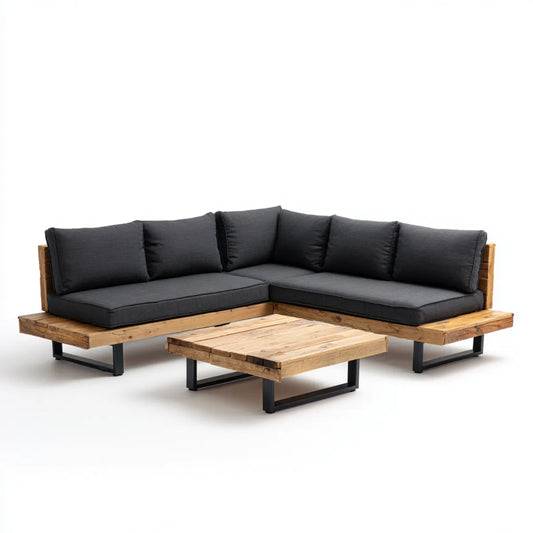 Sofa ogrodowa, Taras sofa zestaw antracyt naturalna 220 x 220 cm lite drewno narożnik kształt ze stołem kawowym 120 x 60 cm