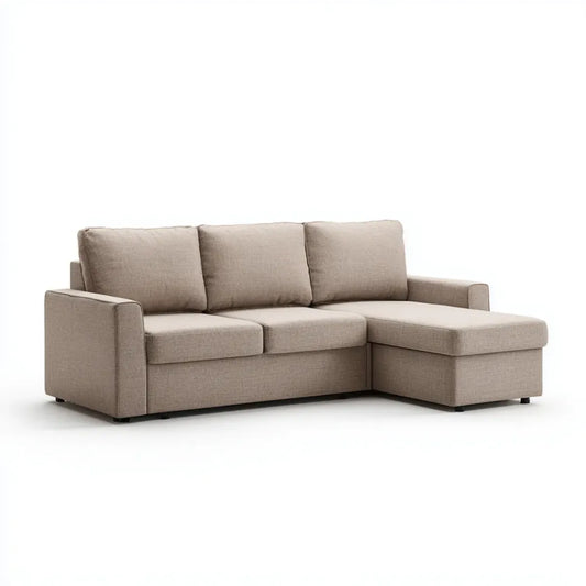 Sofa, Kanapa narożna z szezlongiem beige 230 x 145 x 85 cm poliestrowy kształt L