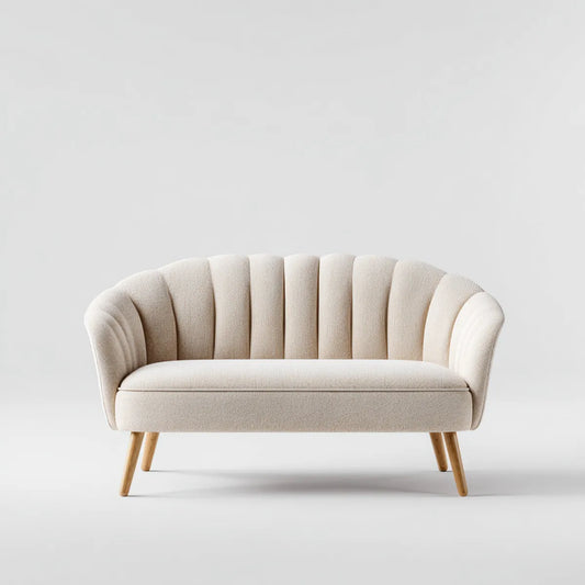 sofa 2-osobowa śmietana 132 x 76 x 82 cm poliestrowy bucle z litych drewnianych nóg półksiężycowy kształt