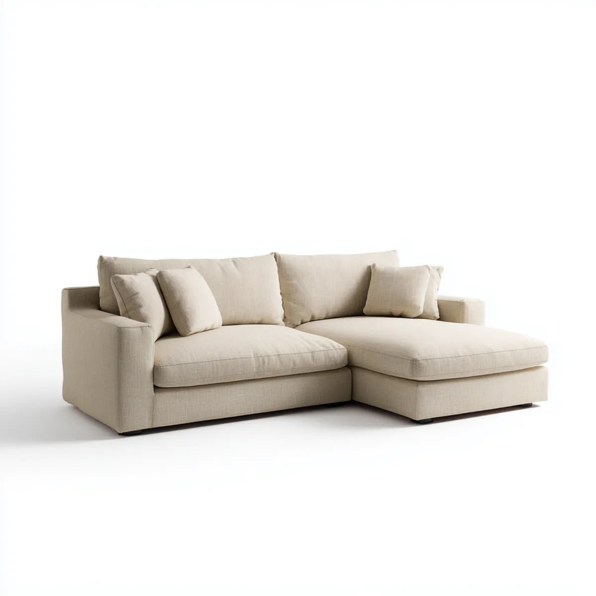 Sofa, Rożna sofa beżowa z rekamierem w prawo 260 x 165 x 85 cm tapicerka poliestrowa kształt litery L