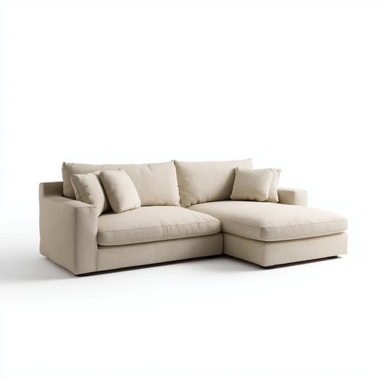 Sofa, Rożna sofa beżowa z rekamierem w prawo 260 x 165 x 85 cm tapicerka poliestrowa kształt litery L
