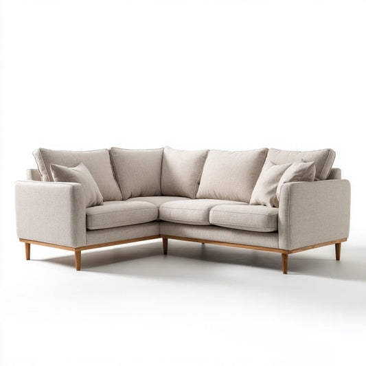Sofa, narożna sofa Beżowa 3-fotelik z tapicerką poliestrową z litego drewna ramka kształt litery 250 x 170 x 85 cm