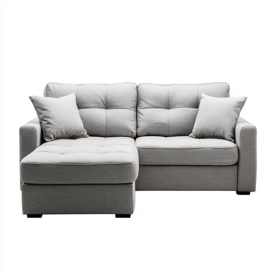 Sofa, Kanapa narożna z lewym boku z jasnym, szarym, 220 x 145 x 85 cm poliestrowym prostokątnym kształtem