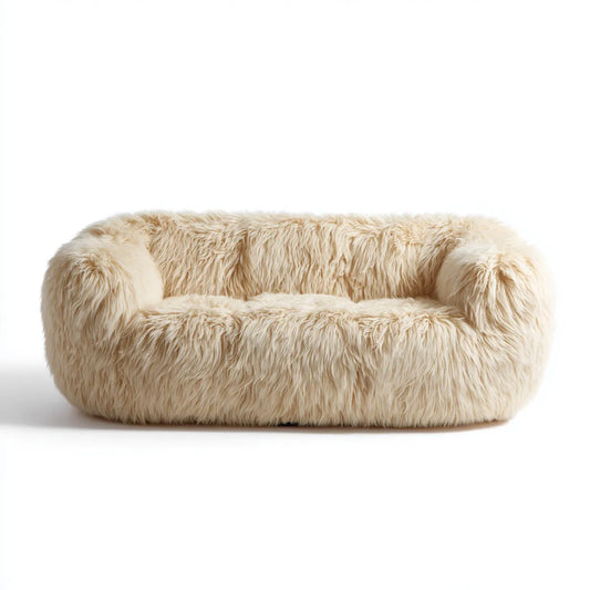 Sofa, 2-osobowa kanapa śmietana 150 x 90 x 75 cm z poliestrowym sztucznym futrem zaokrąglonym